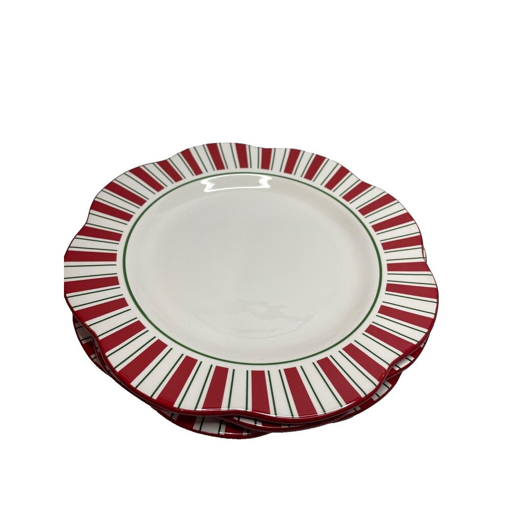 3 Pier 1 One Candy Cane 11” Dinner Plates Scalloped Edge Hand Painted Ironstone